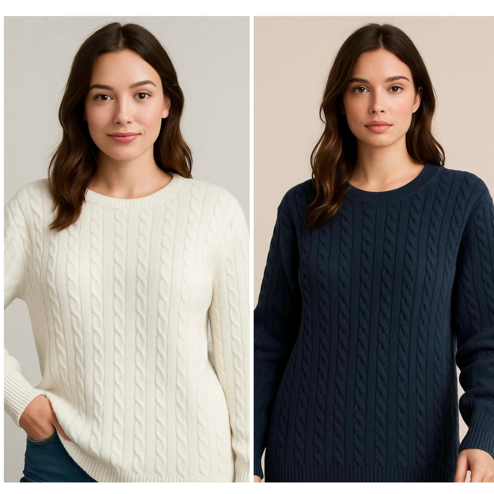 Women's Lands' End Cable Knit Crew Neck Sweater XL White Navy 2 Pc Bundle Preppy